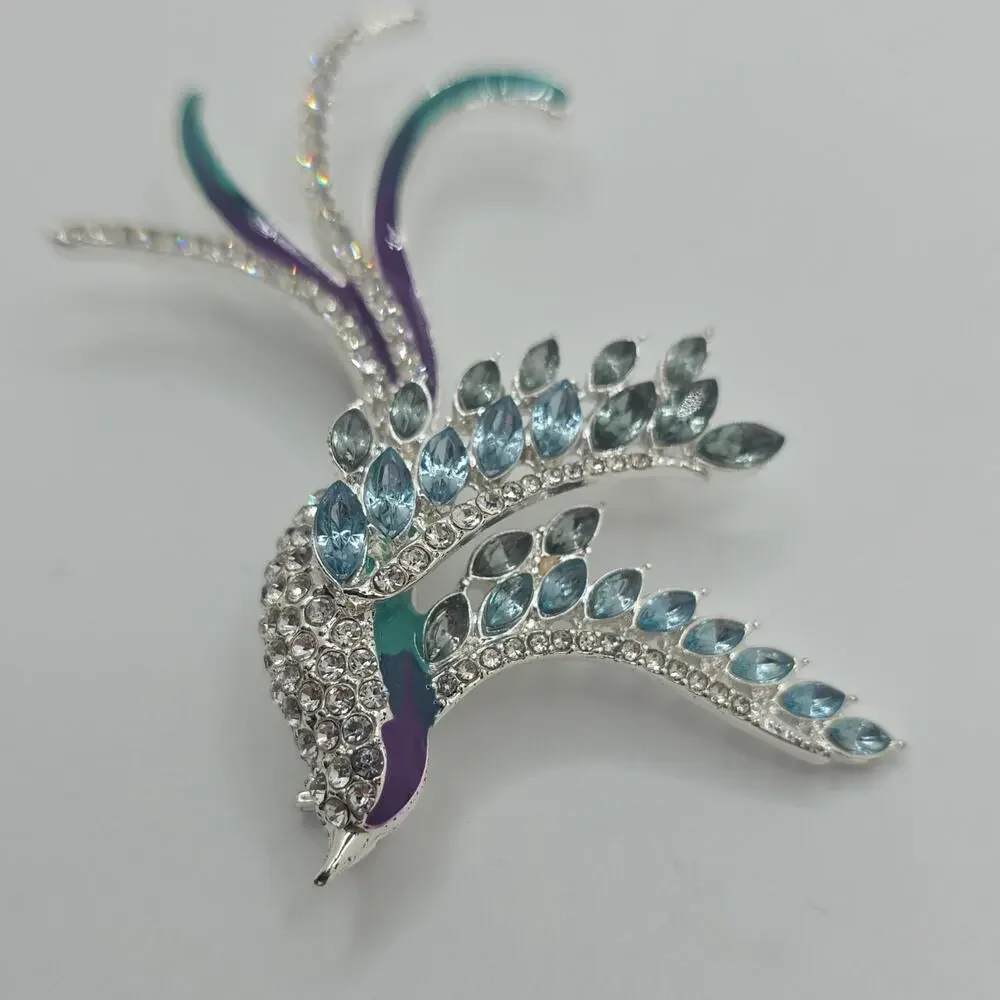 Anne Klein Signed Bird Brooch Silver Tone Blue Rhinestone Enamel